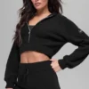 Hoodie met volledige rits van kasjmierpluche in wafelpatroon - Zwart
