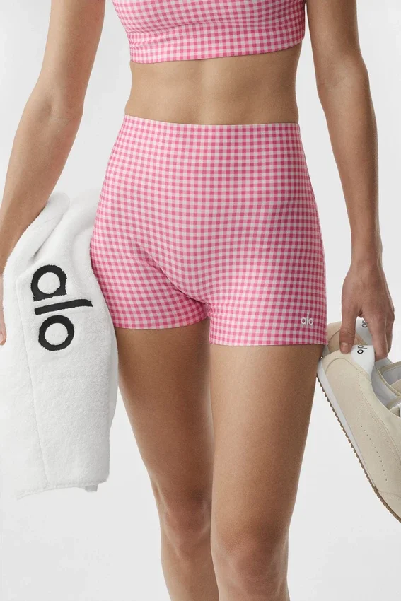 3" Airlift Gingham High-Waist strakke korte broek - Paradise Pink Gingham