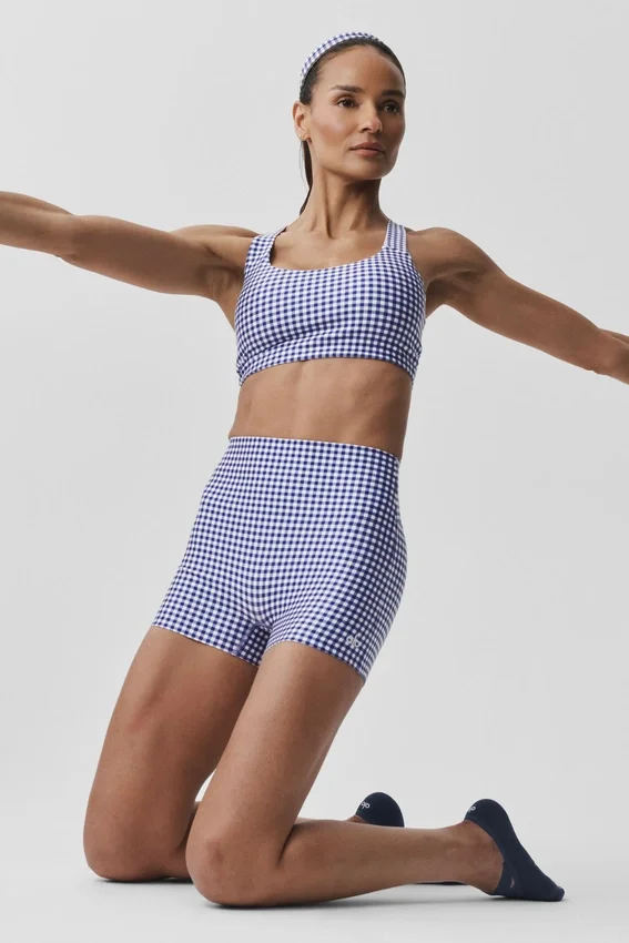 3" High-Waist Airlift Gingham strakke korte broek - Navy Gingham