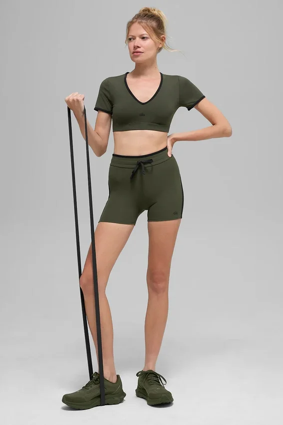 4" High-Waist Airbrush Race Pace-korte broek – Groen olijf/Zwart