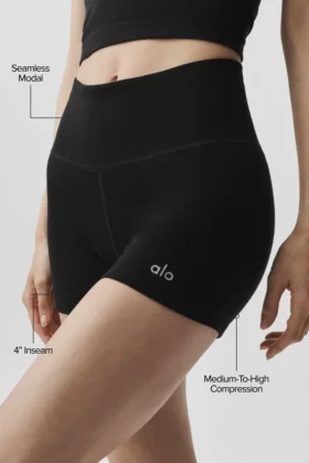 4″ Naadloze geribde modal High-Waist korte broek – Zwart