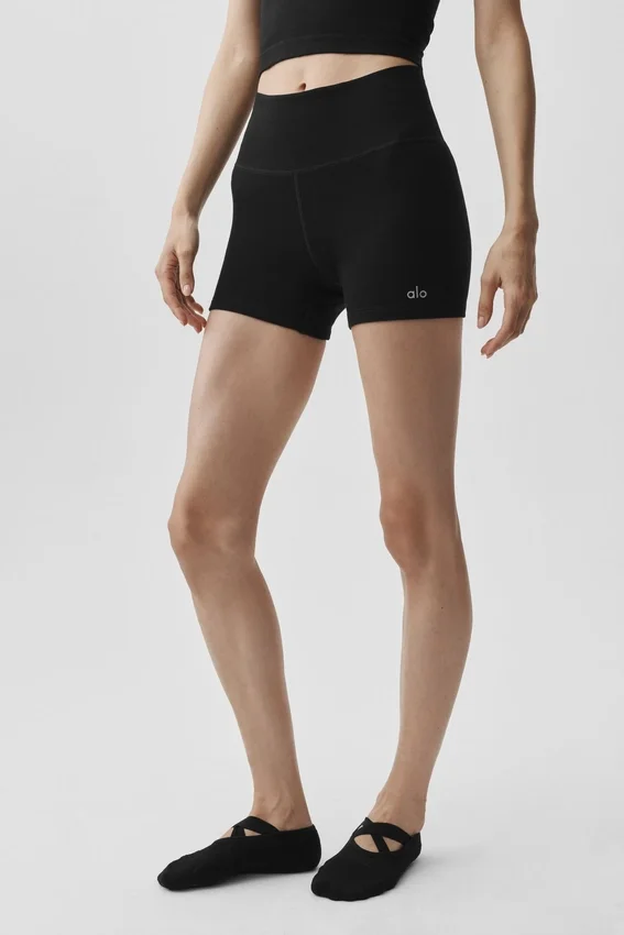 4" Naadloze geribde modal High-Waist korte broek - Zwart
