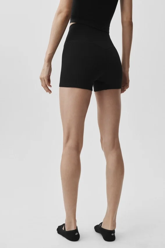 4" Naadloze geribde modal High-Waist korte broek - Zwart