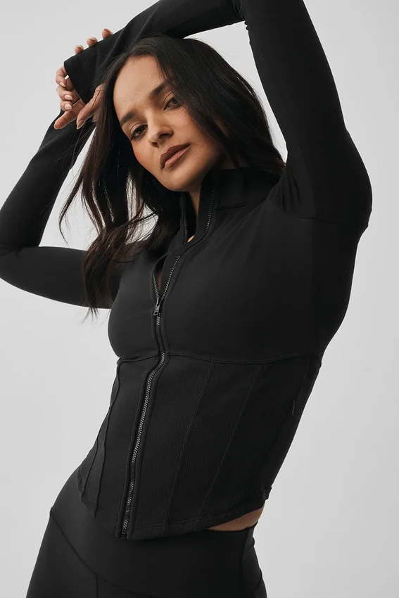 Airbrush-corsetjas met doorlopende rits – Zwart
