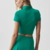 Alo Softsculpt T-shirt met korte mouwen en doorlopende rits – Emerald Isle