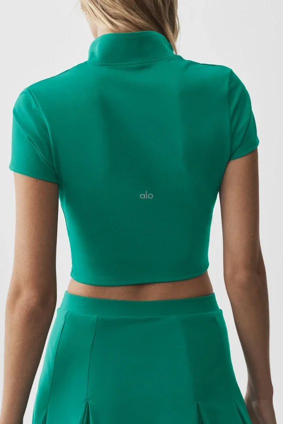 Alo Softsculpt T-shirt met korte mouwen en doorlopende rits – Emerald Isle