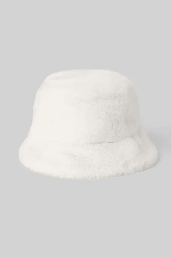 Buckethoed van imitatiebont - Ivory