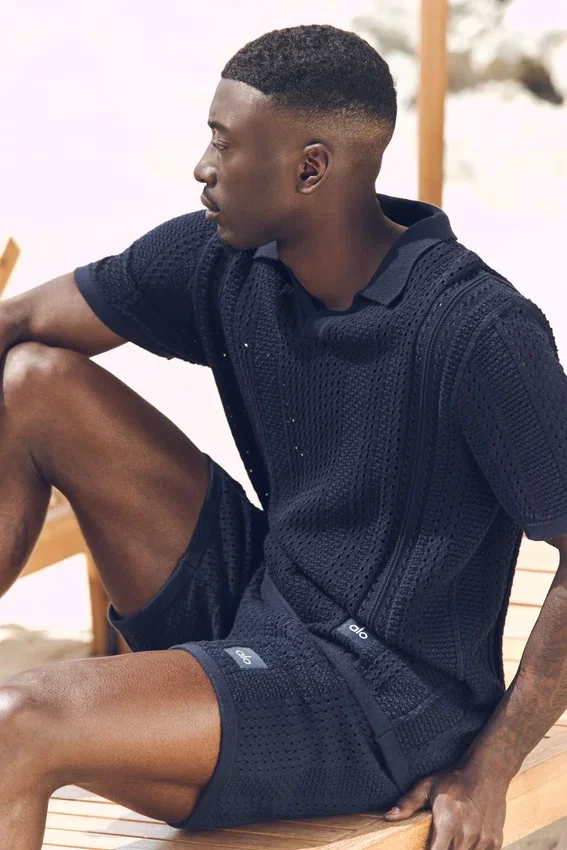 Coastline gebreide polo met korte mouwen - marineblauw
