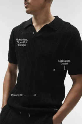 Coastline gebreide polo met korte mouwen – Zwart