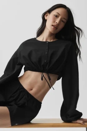 Cotton Cropped Real Deal met lange mouwen - Zwart