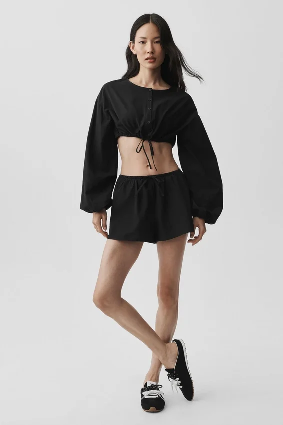 Cotton Cropped Real Deal met lange mouwen - Zwart
