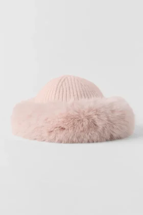Courchevel kasjmier muts met imitatiebont – Frosted Pink