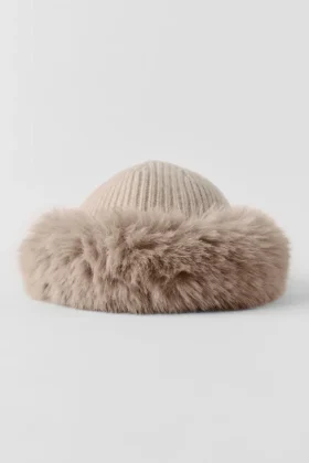 Courchevel kasjmier muts met imitatiebont – Oat Heather