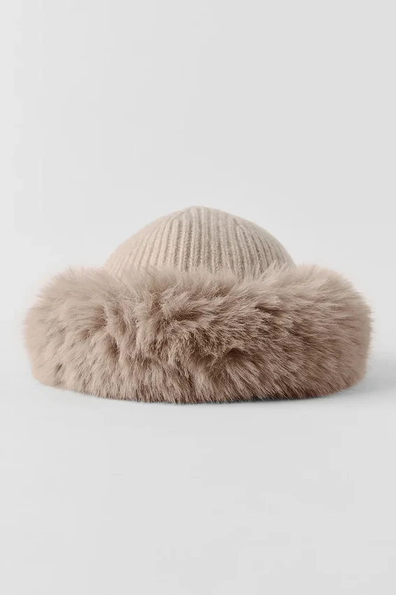 Courchevel kasjmier muts met imitatiebont - Oat Heather