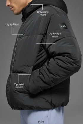 Crinkle Nylon Stage Puffer met capuchon – Zwart