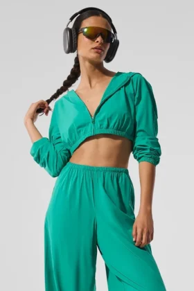 Cropped Breezy hoodie met volledige rits – Spruce Green