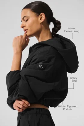 Cropped Mountain Peak-hoodie met volledige ritssluiting – Zwart