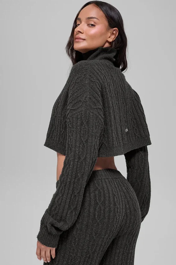 Cropped Winter Bliss-trui met col en lange mouwen in kabelpatroon – Dark Heather