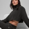 Cropped Winter Bliss-trui met col en lange mouwen in kabelpatroon – Dark Heather