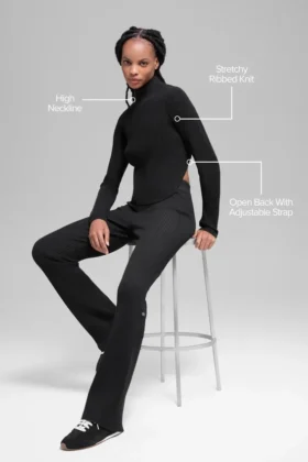 Denim gebreid rugloos shirt met lange mouwen – Zwart/Antraciet