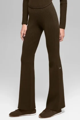 Denim gebreide High-Waist broek met uitlopende pijpen - Espresso/Zwart