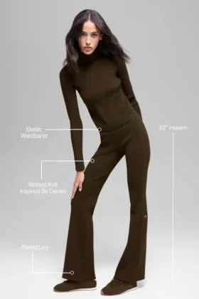 Denim gebreide High-Waist broek met uitlopende pijpen – Espresso/Zwart