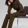 Denim gebreide High-Waist broek met uitlopende pijpen - Espresso/Zwart