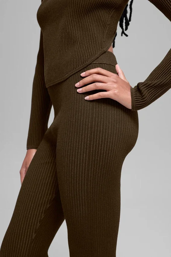 Denim gebreide High-Waist broek met uitlopende pijpen - Espresso/Zwart