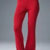 Denim-gebreide High-Waist-broek met uitlopende pijpen – felrood/donker felrood