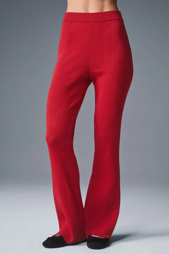 Denim-gebreide High-Waist-broek met uitlopende pijpen – felrood/donker felrood
