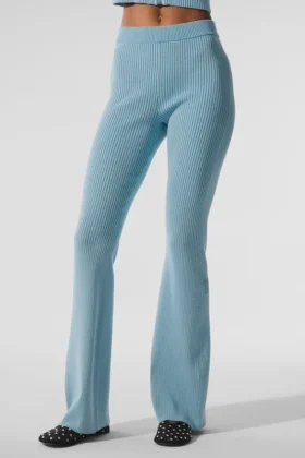 Denim gebreide High-Waist-broek met uitlopende pijpen - Hemelsblauw/Donker hemelsblauw