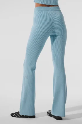 Denim gebreide High-Waist-broek met uitlopende pijpen – Hemelsblauw/Donker hemelsblauw