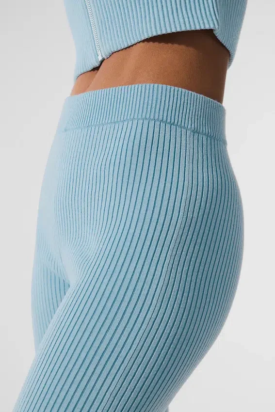 Denim gebreide High-Waist-broek met uitlopende pijpen - Hemelsblauw/Donker hemelsblauw