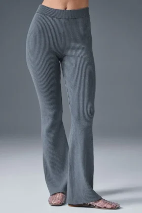 Denim gebreide High-Waist broek met uitlopende pijpen - staalgrijs/antraciet