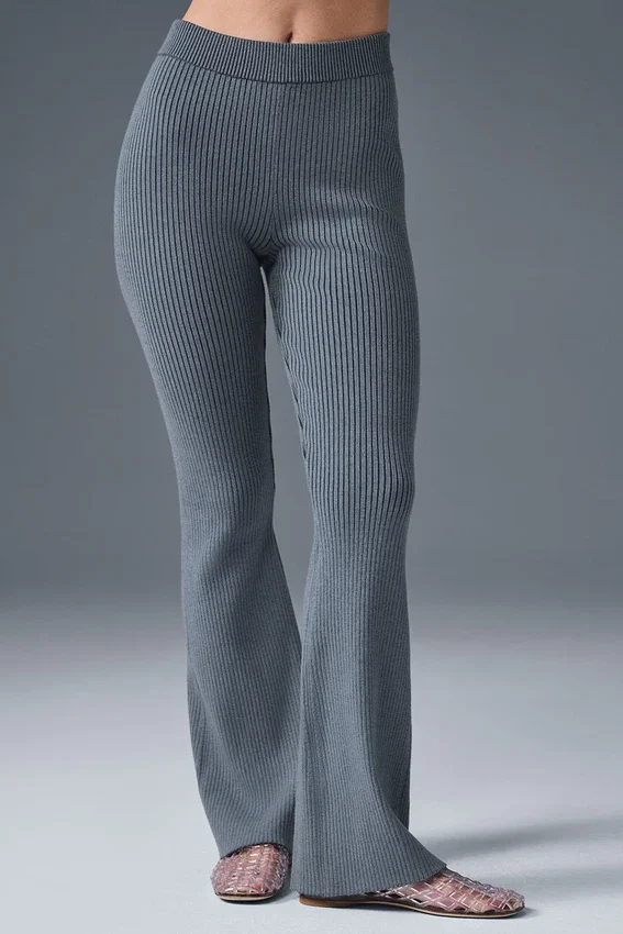 Denim gebreide High-Waist broek met uitlopende pijpen - staalgrijs/antraciet