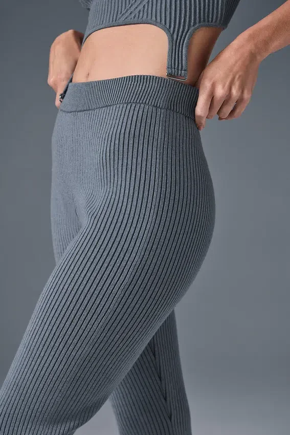 Denim gebreide High-Waist broek met uitlopende pijpen - staalgrijs/antraciet