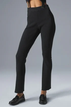 Denim gebreide High-Waist broek met uitlopende pijpen - Zwart/Antraciet