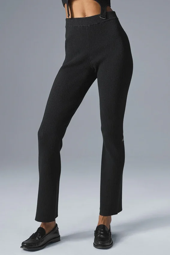 Denim gebreide High-Waist broek met uitlopende pijpen - Zwart/Antraciet