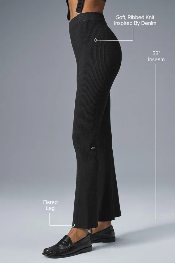 Denim gebreide High-Waist broek met uitlopende pijpen - Zwart/Antraciet