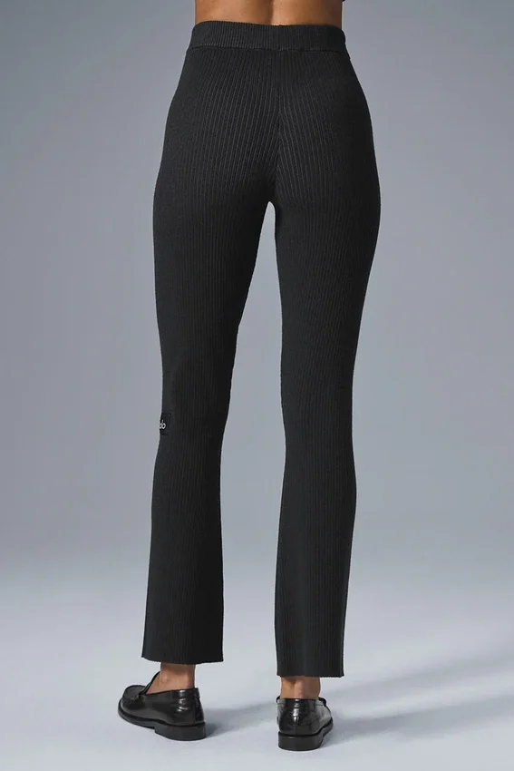 Denim gebreide High-Waist broek met uitlopende pijpen - Zwart/Antraciet