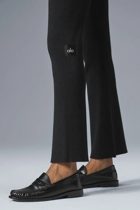 Denim gebreide High-Waist broek met uitlopende pijpen - Zwart/Antraciet