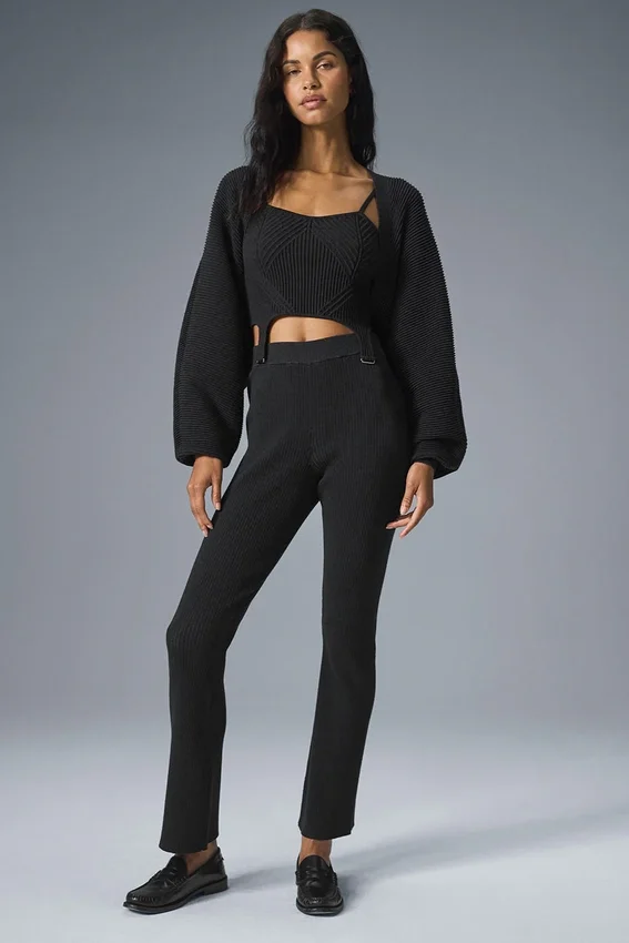 Denim gebreide High-Waist broek met uitlopende pijpen - Zwart/Antraciet
