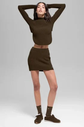 Denim gebreide High-Waist rok - Espresso/Zwart