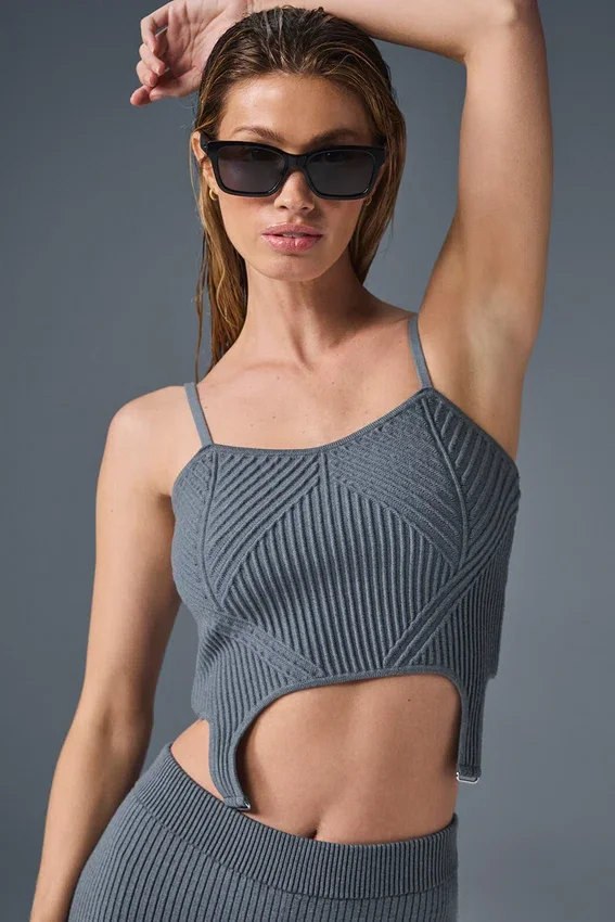 Denim gebreide tanktop met jarretelles - staalgrijs/antraciet