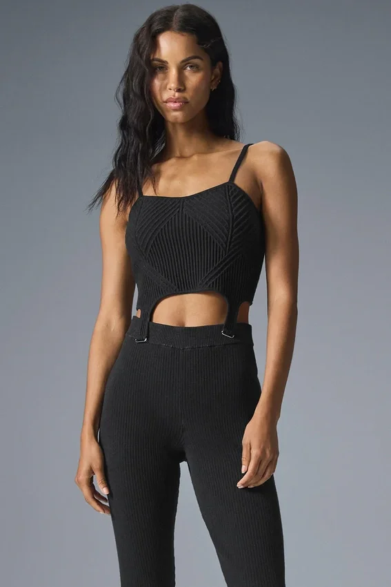 Denim gebreide tanktop met jarretelles – Zwart/Antraciet