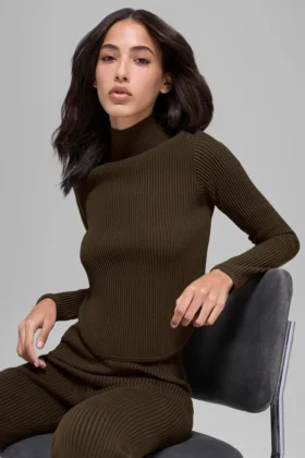 Denim gebreide top met lange mouwen en open rug – Espresso/Zwart