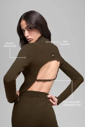 Denim gebreide top met lange mouwen en open rug – Espresso/Zwart