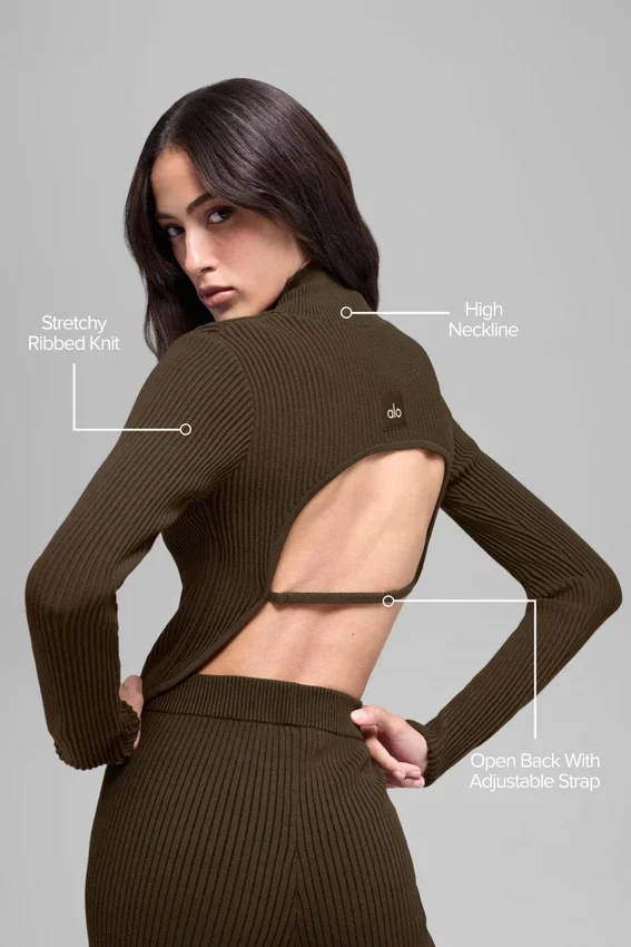 Denim gebreide top met lange mouwen en open rug – Espresso/Zwart