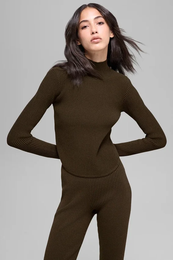 Denim gebreide top met lange mouwen en open rug – Espresso/Zwart