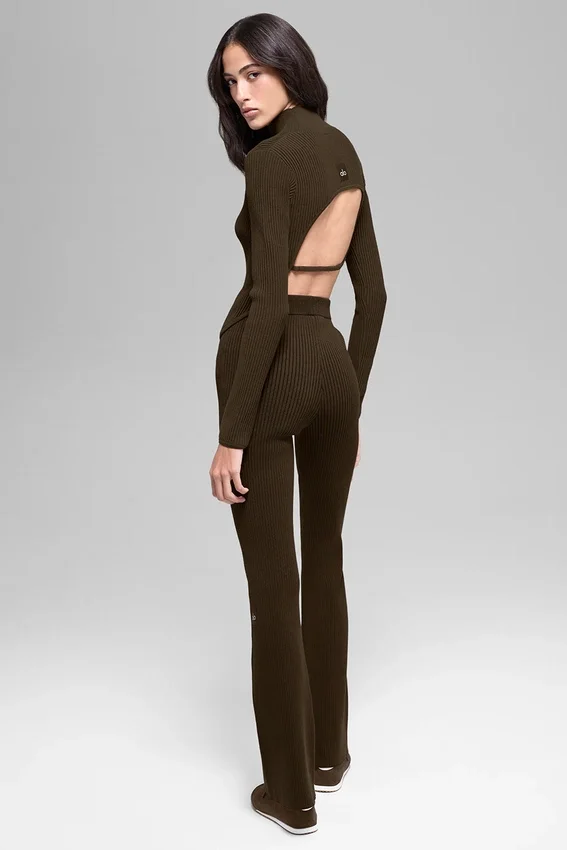 Denim gebreide top met lange mouwen en open rug – Espresso/Zwart